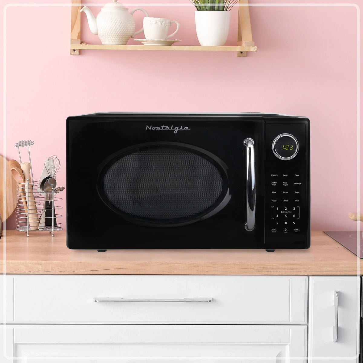 2026 NEW Nostalgia Retro Microwave Oven - 1.1 Cu Ft & 1000-Watt Countertop Size with Glass Turntable, Child Safety Lock, 8 Auto-Cook Programs & Digital Clock - Black