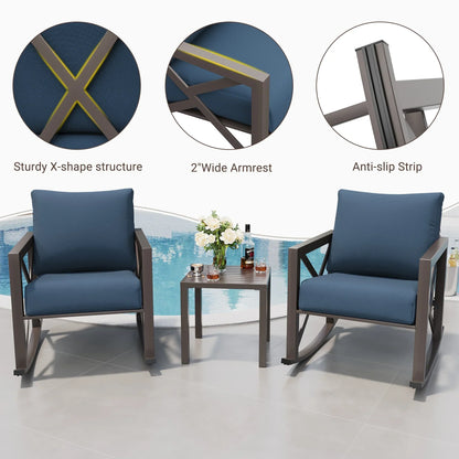 2026 NEW MRUAKA Rocking Chair Bistro Set,3 Piece Outdoor Patio Furniture Set with 2 Rockers and 1 Metal Coffee Table with Thick Cushions for Porch,Backyard,Poolside,Beige