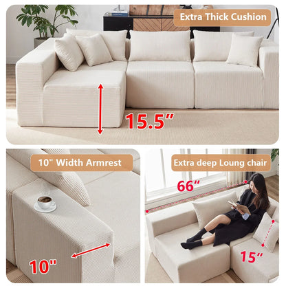 2026 NEW 104-Inch Corduroy Modular L Shaped Sectional Sofa,Luxury Floor Couch Set,Upholstered Indoor Furniture,Foam-Filled Compressed Sofa for Living Room,Bedroom,4 PC Free Combination