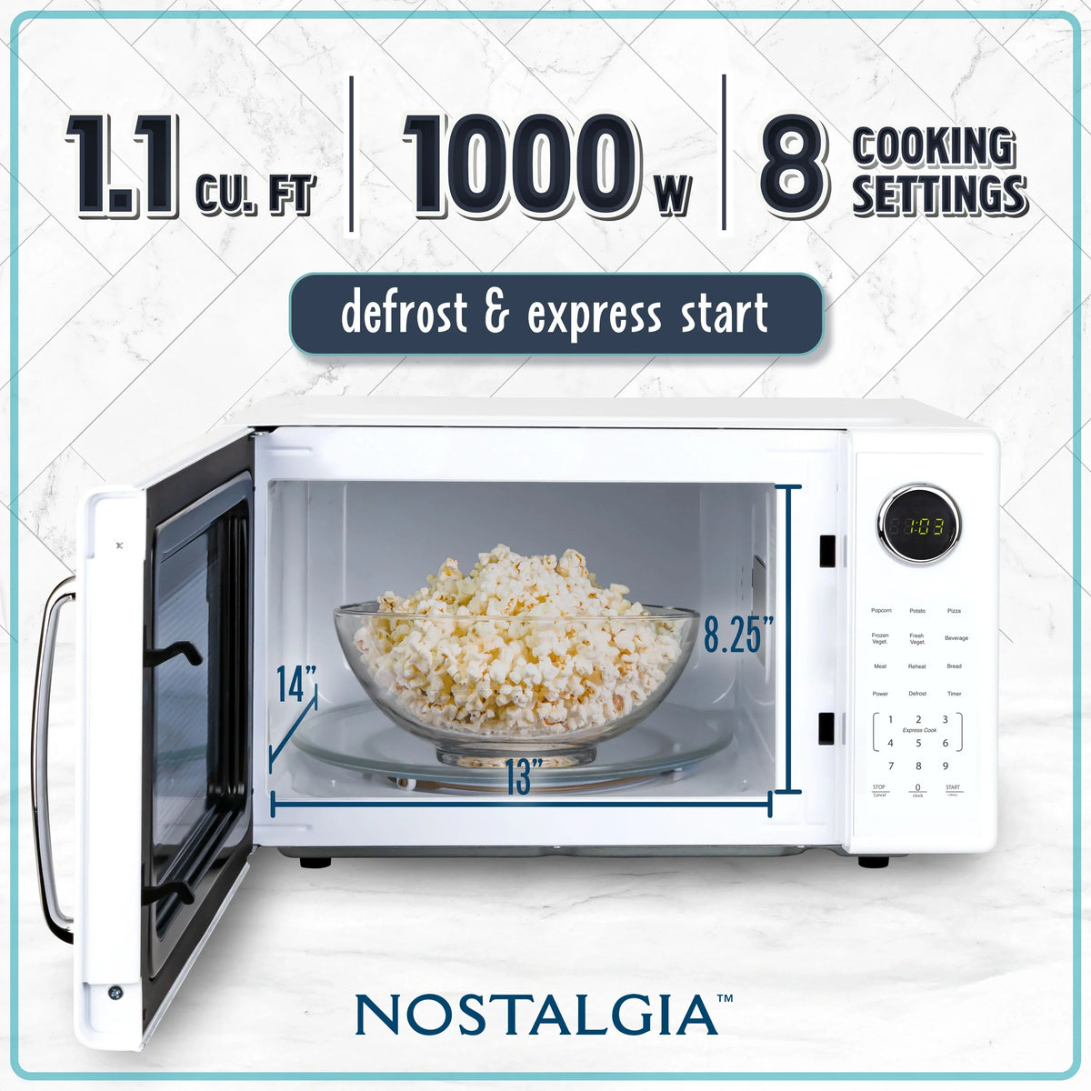 2026 NEW Nostalgia Retro Microwave Oven - 1.1 Cu Ft & 1000-Watt Countertop Size with Glass Turntable, Child Safety Lock, 8 Auto-Cook Programs & Digital Clock - Black