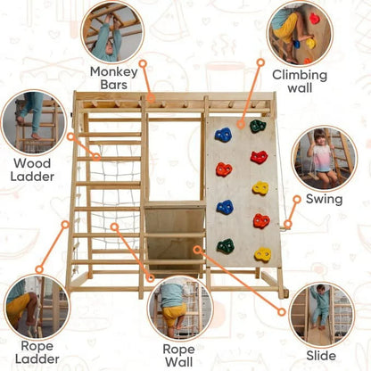 2026 NEW Avenlur Indoor Toddler and Child Indoor Gym Playground Climber - Real Wooden Playset 6-in-1 Slide, Rock Climb Wall, Rope Wall Climbing, Monkey Bars, Swing, Ladder Fun Gym for Children