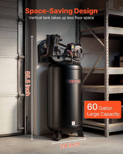 2026 NEW VEVOR 60 Gallons Heavy-Duty Air Compressor, 3.7HP 8 SCFM at 90PSI Air Compressors Max 155PSI Pressure, Oil-Lubricated Compressor Tank(230V 60Hz, No-Plug)