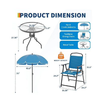 2026 NEW 6 Pieces Outdoor Dining Set With Umbrella, Patio Table and 4 Folding Chairs With Umbrella, Garden Patio Furniture Set With Umbrellas, Tempered Glass Top Dining Table