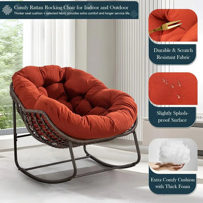 2026 NEW Outdoor Papasan Rocking Chair, Patio Oversized Wicker Egg Rocking Chair, Indoor & Outdoor Comfy Rocker Chair with Thick Cushion, Modern Lounge Chair for Front Porch, Garden, Backyard, Grey