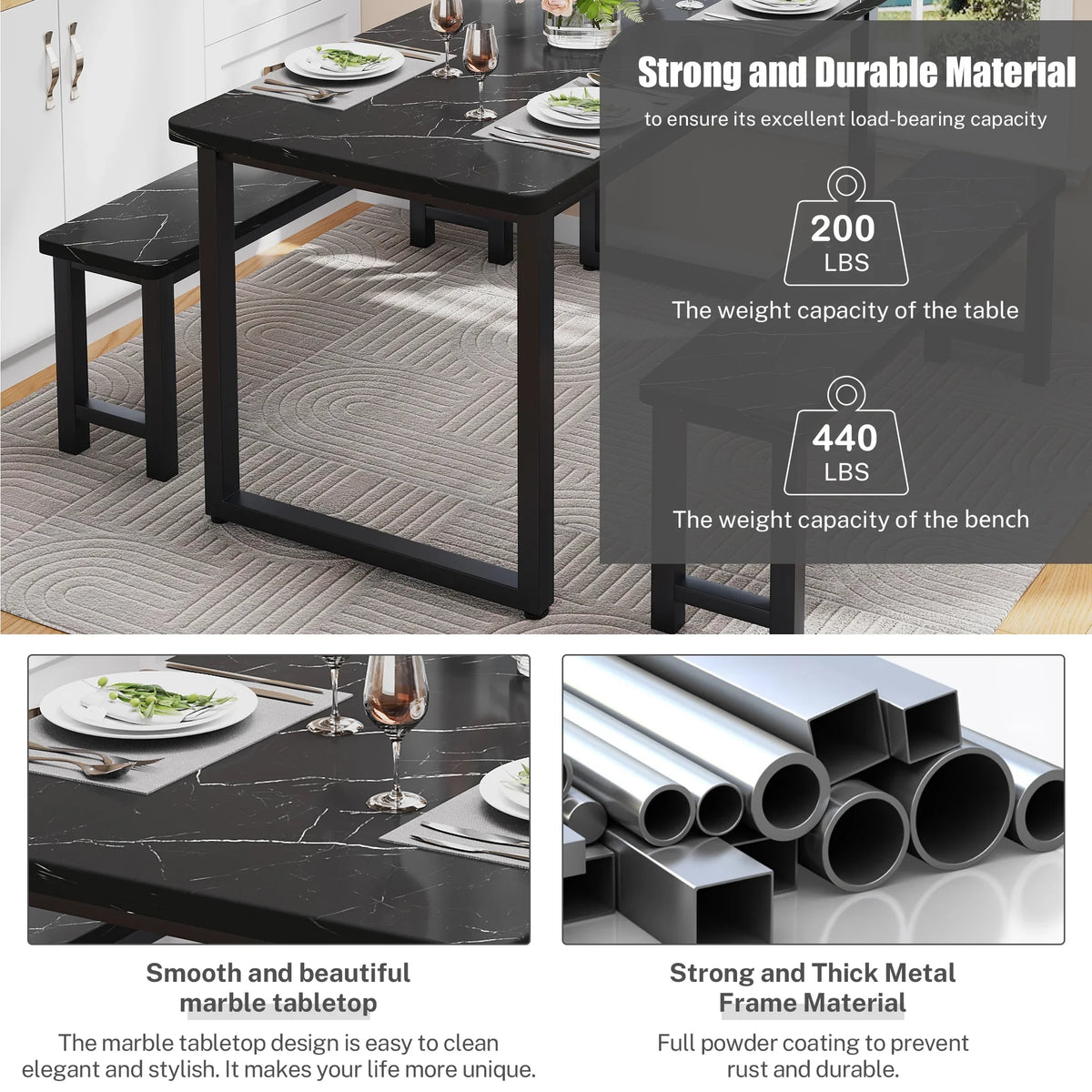 2026 NEW PORKISS Kitchen Table with 2 Benches, 3 Piece Dining Table Set, Dining Table with Faux Marble Table Top, Metal Frame, Black#