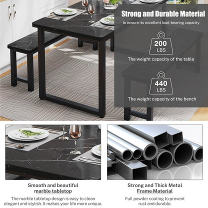 2026 NEW PORKISS Kitchen Table with 2 Benches, 3 Piece Dining Table Set, Dining Table with Faux Marble Table Top, Metal Frame, Black#