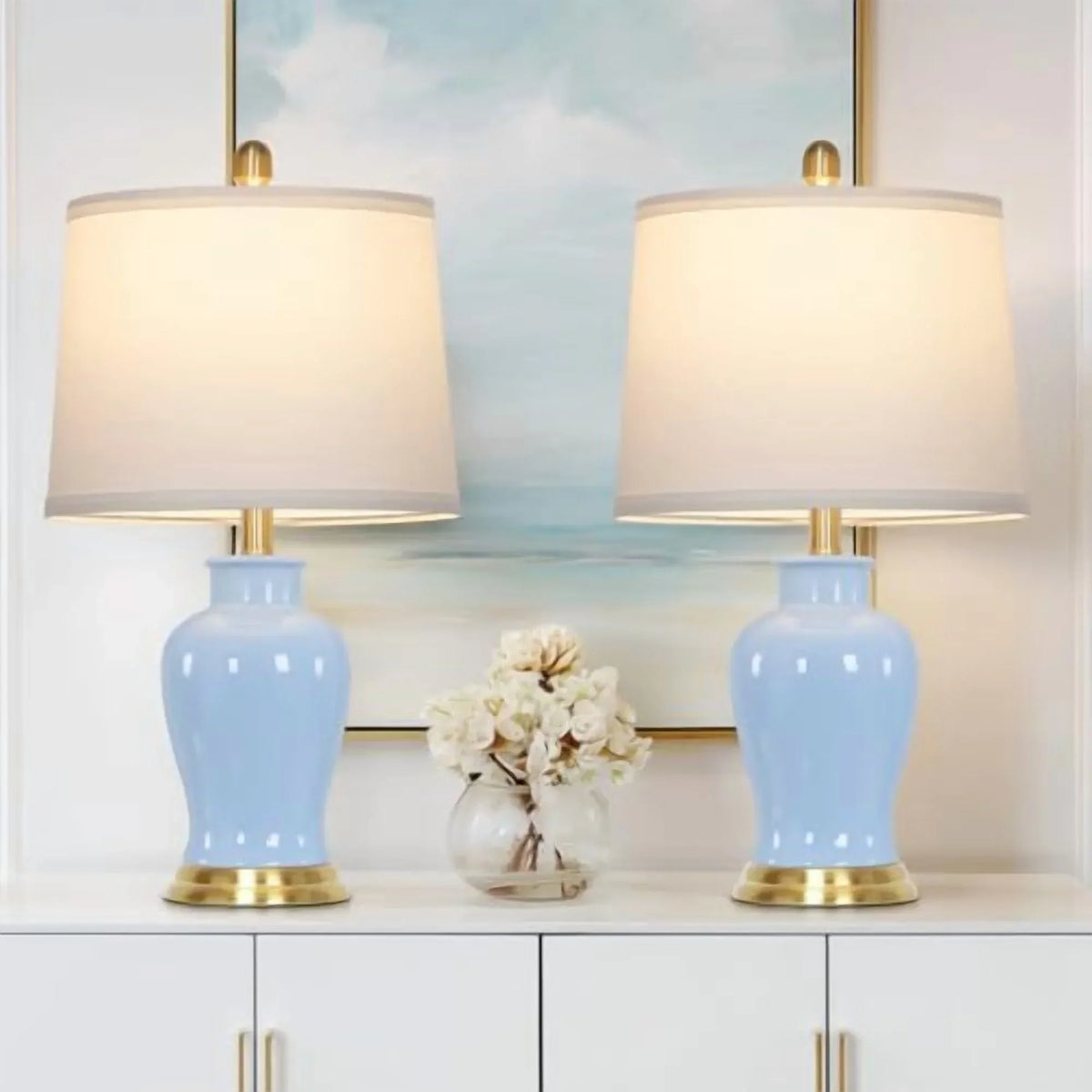 2026 NEW Modern Ceramic Table Lamps Set of 2, 23" White Ceramic Lamps for Living Room, Rustic Farmhouse Bedside Lamp with Ginger Jar Design, Elegant Bedroom Lamp for Nightstand Desk Side End Table Home Decor