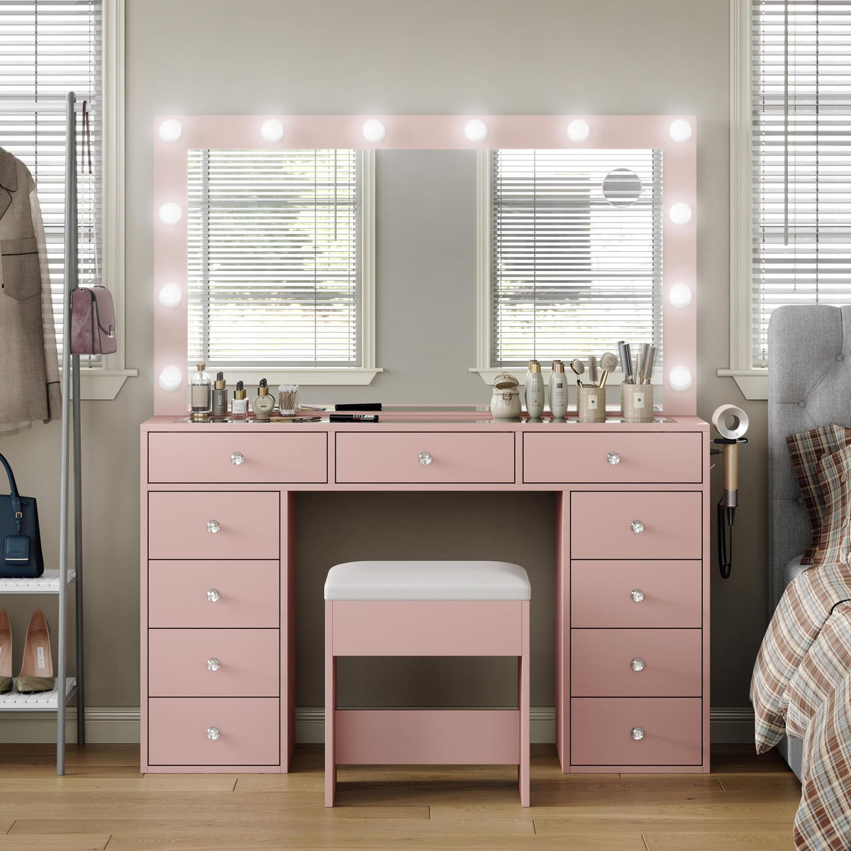 2026 NEW White Vanity Desk with Illuminated Mirror & Power Outlet, 11 Drawers Vanity Table with Chair, Makeup Vanity with 12 LED Lights, Tempered Glass Top, Dressing Table for Bedroom,Dressing Room