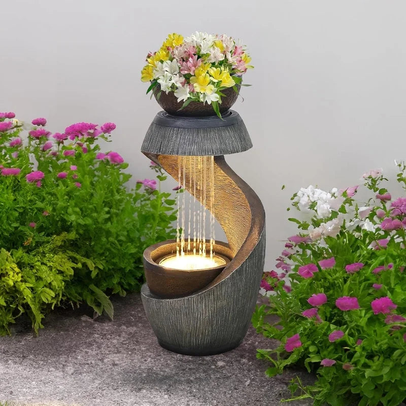 2026 NEW Outdoor Water Fountain Modern Curved Waterfall S-Shaped Freestanding Fountain with Bowl Planter for Patio Deck Garden Yard Home Decor