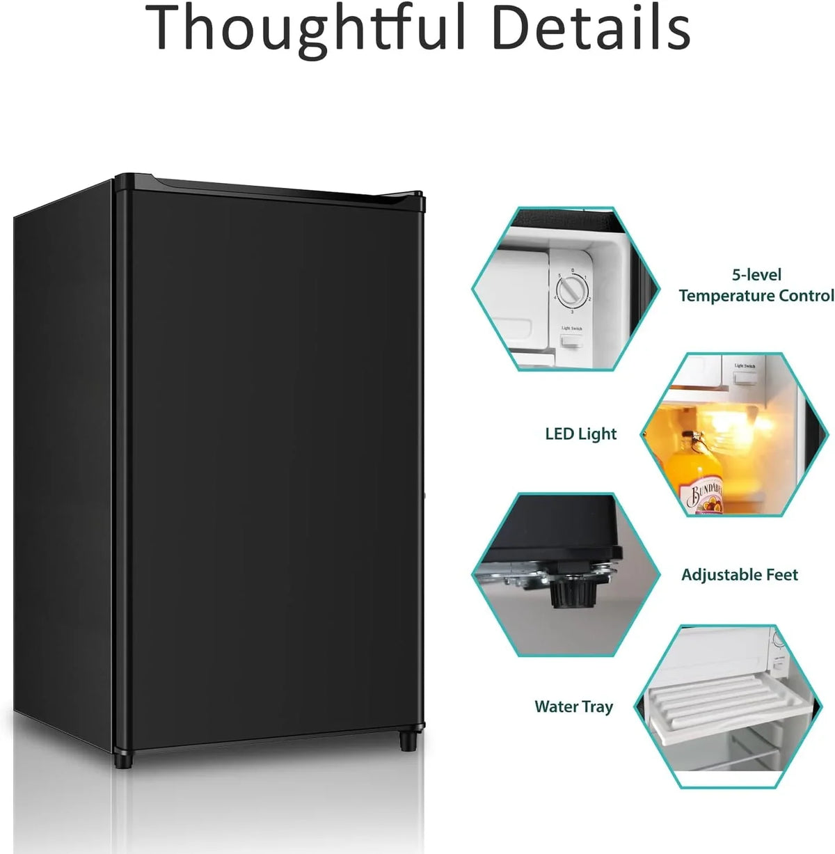 2026 NEW Seaoola Mini Fridge with Freezer, Single Door 4.4 Cu.Ft, Compact Mini Refrigerator, LED Light, Adjustable Thermostat, Removable Glass Shelves, Small Refrigerator for Dorm/Office/Bedroom(Black)