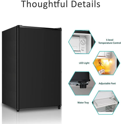2026 NEW Seaoola Mini Fridge with Freezer, Single Door 4.4 Cu.Ft, Compact Mini Refrigerator, LED Light, Adjustable Thermostat, Removable Glass Shelves, Small Refrigerator for Dorm/Office/Bedroom(Black)