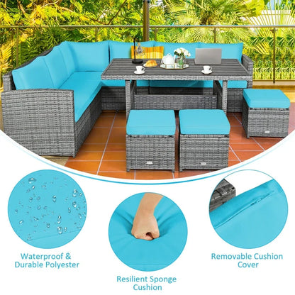 7 Pcs Rattan Patio Dining Furniture Sectional Sofa Set with Dining Table, Ottomans & Cushions
