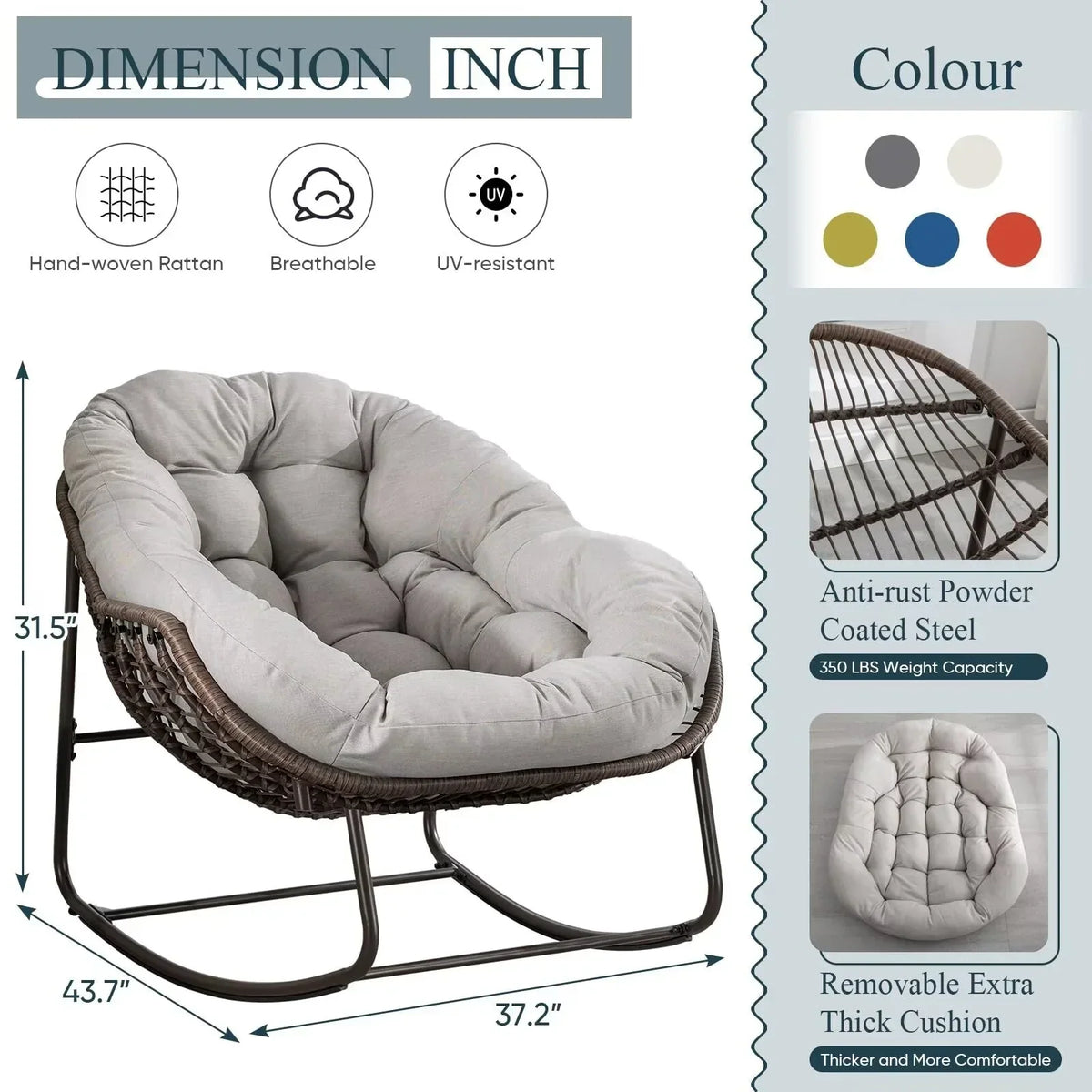 2026 NEW Outdoor Papasan Rocking Chair, Patio Oversized Wicker Egg Rocking Chair, Indoor & Outdoor Comfy Rocker Chair with Thick Cushion, Modern Lounge Chair for Front Porch, Garden, Backyard, Grey