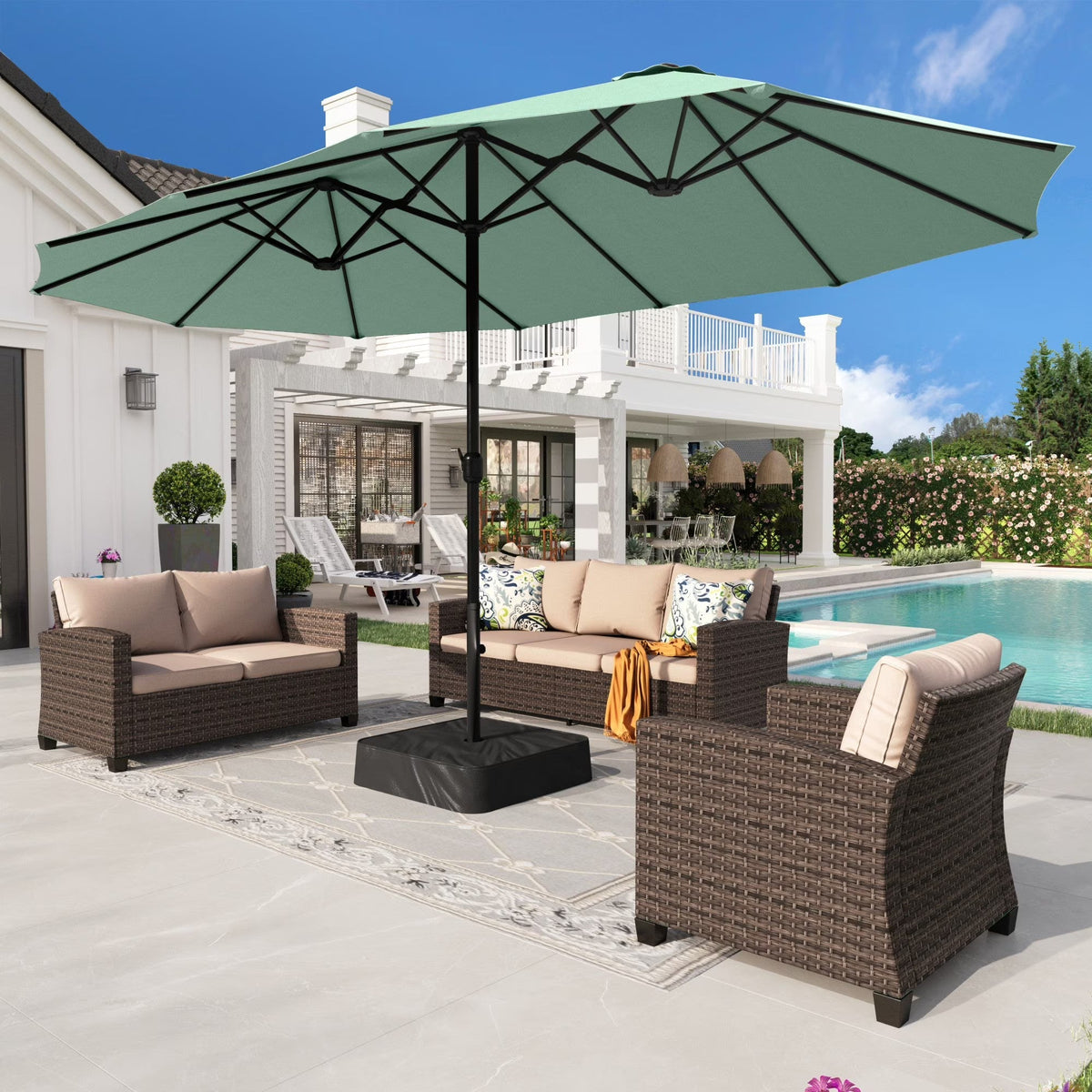 2026 NEW Alpha Joy 15ft Outdoor Patio Umbrella Extra-Large Double-Sided Garden Umbrella with Crank Handle and Base - Smoky Gray