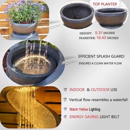2026 NEW Outdoor Water Fountain Modern Curved Waterfall S-Shaped Freestanding Fountain with Bowl Planter for Patio Deck Garden Yard Home Decor