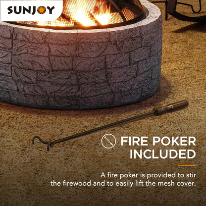 2026 NEW Sunjoy Stone Fire Pit 26 Inch, Outdoor Round Wood Burning Fire Pits with Spark Screen and Poker Grey