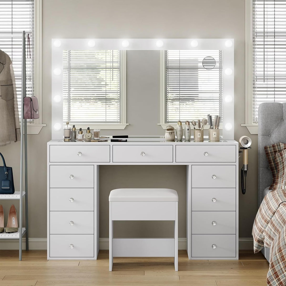 2026 NEW White Vanity Desk with Illuminated Mirror & Power Outlet, 11 Drawers Vanity Table with Chair, Makeup Vanity with 12 LED Lights, Tempered Glass Top, Dressing Table for Bedroom,Dressing Room