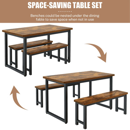 2026 NEW PORKISS Kitchen Table with 2 Benches, 3 Piece Dining Table Set, Dining Table with Faux Marble Table Top, Metal Frame, Black#