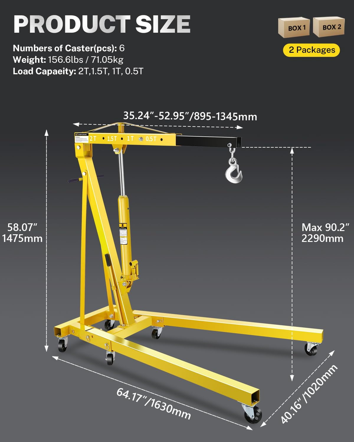 2026 NEW 2-Ton Folding Hydraulic Engine Hoist with Lever & Telescopic Boom, 4400 Lbs Capacity with 6 Steel Casters for Car Truck Boat Motors