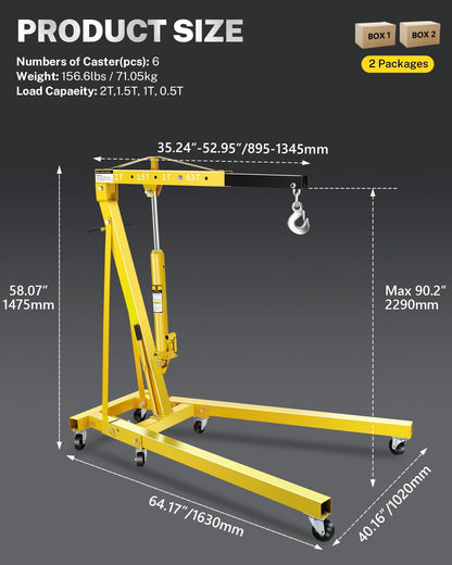 2026 NEW 2-Ton Folding Hydraulic Engine Hoist with Lever & Telescopic Boom, 4400 Lbs Capacity with 6 Steel Casters for Car Truck Boat Motors