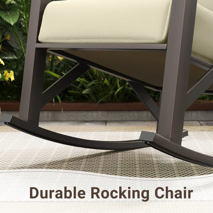 2026 NEW MRUAKA Rocking Chair Bistro Set,3 Piece Outdoor Patio Furniture Set with 2 Rockers and 1 Metal Coffee Table with Thick Cushions for Porch,Backyard,Poolside,Beige