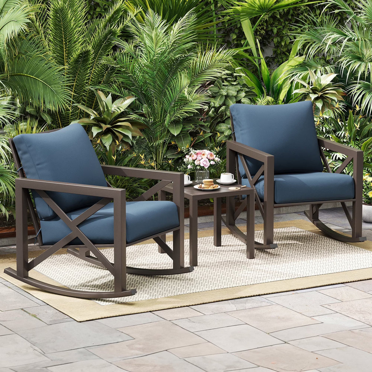 2026 NEW MRUAKA Rocking Chair Bistro Set,3 Piece Outdoor Patio Furniture Set with 2 Rockers and 1 Metal Coffee Table with Thick Cushions for Porch,Backyard,Poolside,Beige