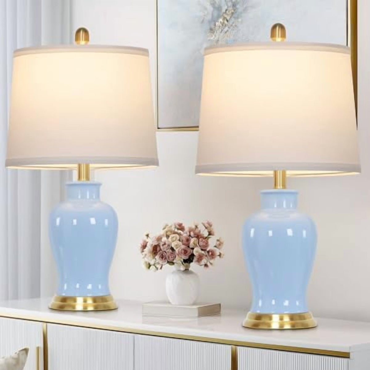 2026 NEW Modern Ceramic Table Lamps Set of 2, 23" White Ceramic Lamps for Living Room, Rustic Farmhouse Bedside Lamp with Ginger Jar Design, Elegant Bedroom Lamp for Nightstand Desk Side End Table Home Decor