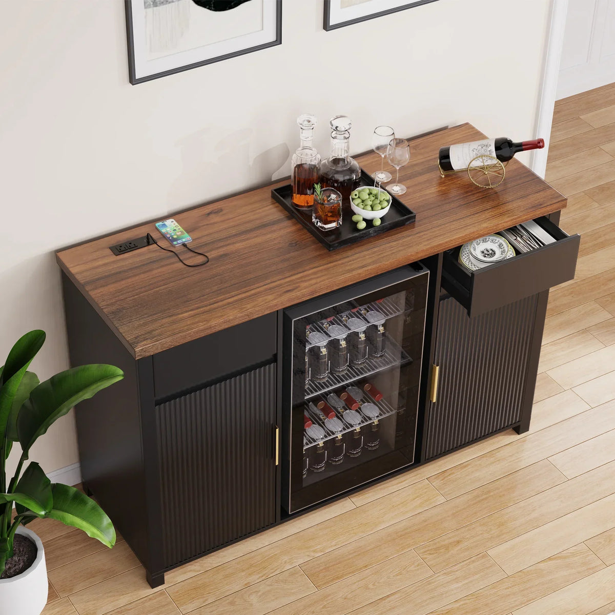 2026 NEW Coffee Bar Cabinet with Fridge Space, Mini Fridge Cabinet"Buffet Sideboard"53.2"L