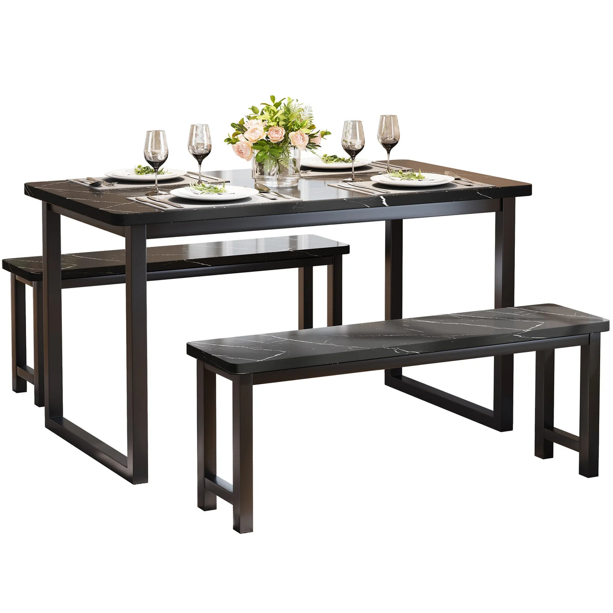 2026 NEW PORKISS Kitchen Table with 2 Benches, 3 Piece Dining Table Set, Dining Table with Faux Marble Table Top, Metal Frame, Black#