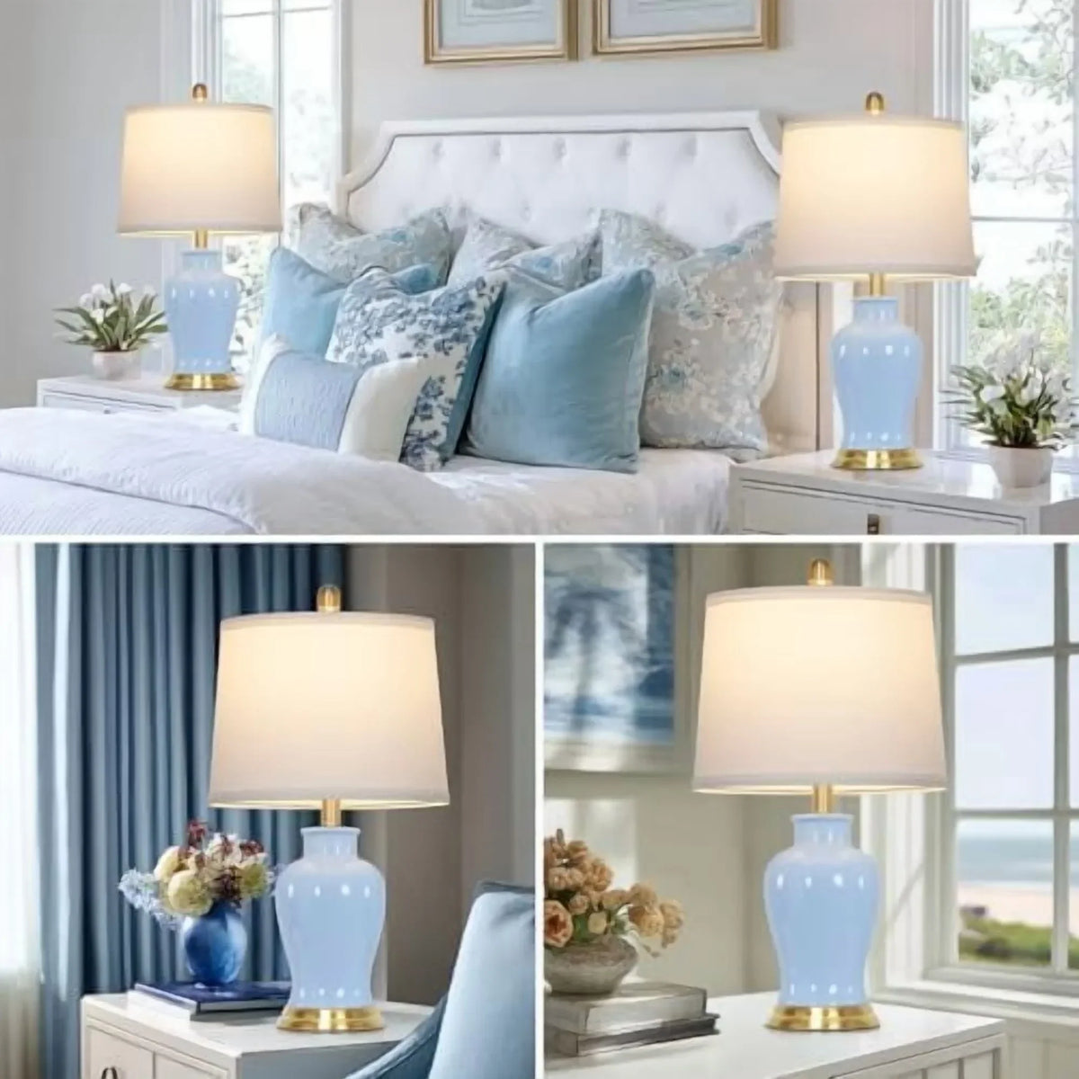 2026 NEW Modern Ceramic Table Lamps Set of 2, 23" White Ceramic Lamps for Living Room, Rustic Farmhouse Bedside Lamp with Ginger Jar Design, Elegant Bedroom Lamp for Nightstand Desk Side End Table Home Decor