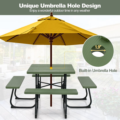 2026 NEW Gymax Outdoor Picnic Table 8-person Square Picnic Table Bench Set w/ 4 Benches & Umbrella Hole Green