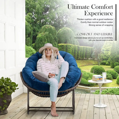 2026 NEW Outdoor Papasan Rocking Chair, Patio Oversized Wicker Egg Rocking Chair, Indoor & Outdoor Comfy Rocker Chair with Thick Cushion, Modern Lounge Chair for Front Porch, Garden, Backyard, Grey