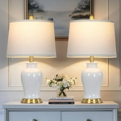 2026 NEW Modern Ceramic Table Lamps Set of 2, 23" White Ceramic Lamps for Living Room, Rustic Farmhouse Bedside Lamp with Ginger Jar Design, Elegant Bedroom Lamp for Nightstand Desk Side End Table Home Decor