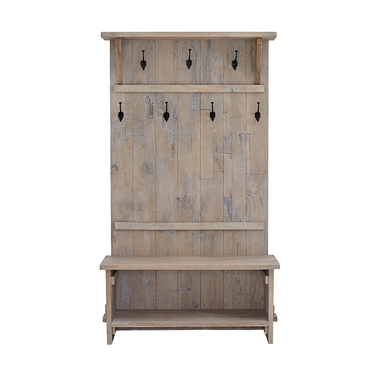 2026 NEW Alaterre Furniture Castleton 70 in. Hall Tree with Bench, Shelves & Coat Hooks -C Solid Mango Wood Entryway Organizer in Driftwood Finish