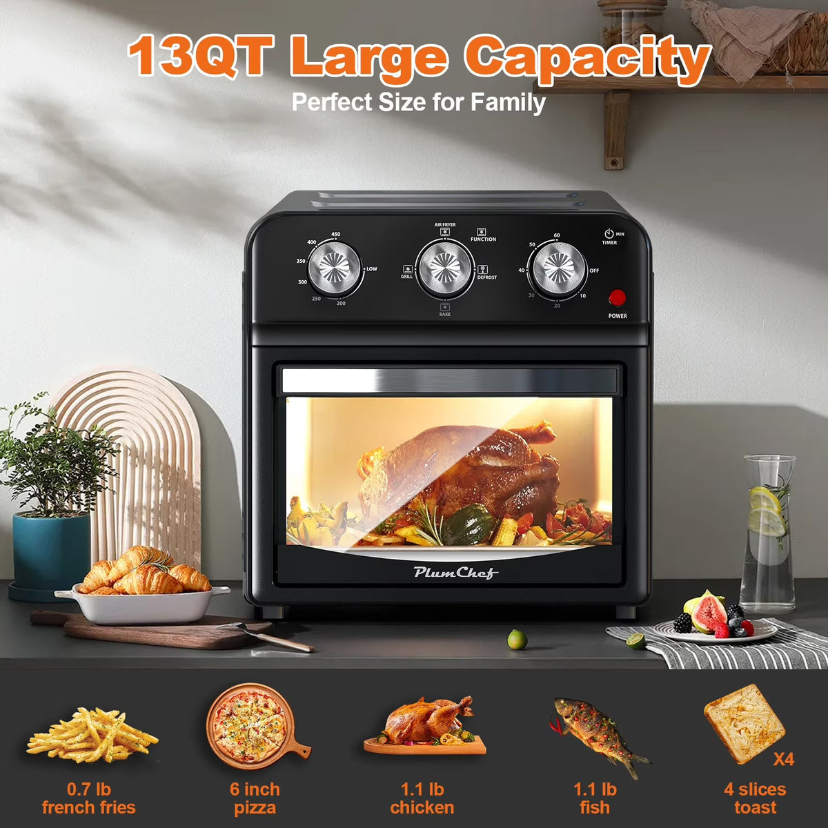 2026 NEW PlumChef 13 Quart 4 Slices Air Fryer Convection Toaster Oven, 1500W, 7 in 1 Multifunction with Roast, Bake, Grill, Broil, Toast, Dehydrate, Defrost