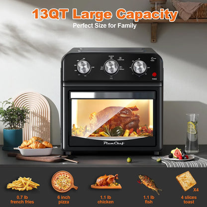 2026 NEW PlumChef 13 Quart 4 Slices Air Fryer Convection Toaster Oven, 1500W, 7 in 1 Multifunction with Roast, Bake, Grill, Broil, Toast, Dehydrate, Defrost