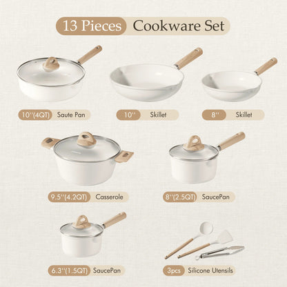 2026 NEW Carote Nonstick Pots and Pans Set, 13 Pieces Kitchen Cookware Sets Compatible for All Stoves, White Granite