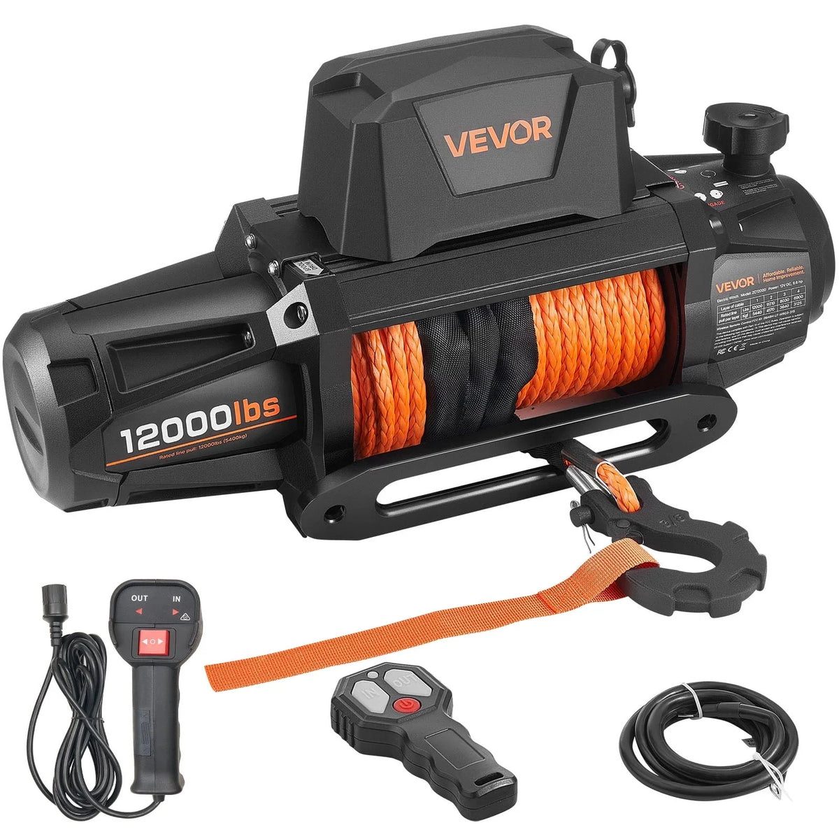 2026 NEW VEVOR Electric Winch, 12000 lbs Load Capacity, 12V DC Truck Winch with Φ3/8 in x 92 ft Synthetic Rope, Wireless & Wired Remote Control, IP67 Waterproof for Towing Off-Road SUV Jeep Trailer Boat