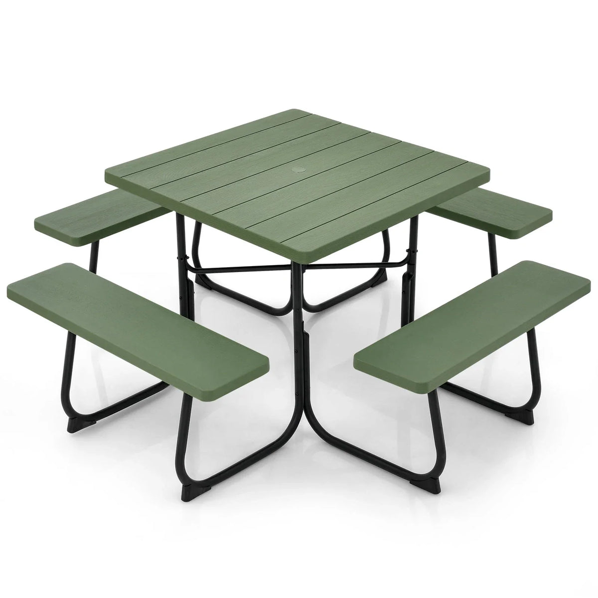 2026 NEW Gymax Outdoor Picnic Table 8-person Square Picnic Table Bench Set w/ 4 Benches & Umbrella Hole Green