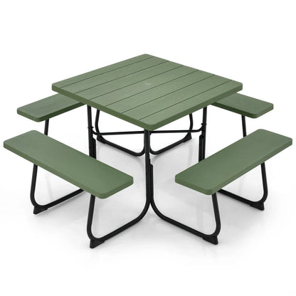 2026 NEW Gymax Outdoor Picnic Table 8-person Square Picnic Table Bench Set w/ 4 Benches & Umbrella Hole Green