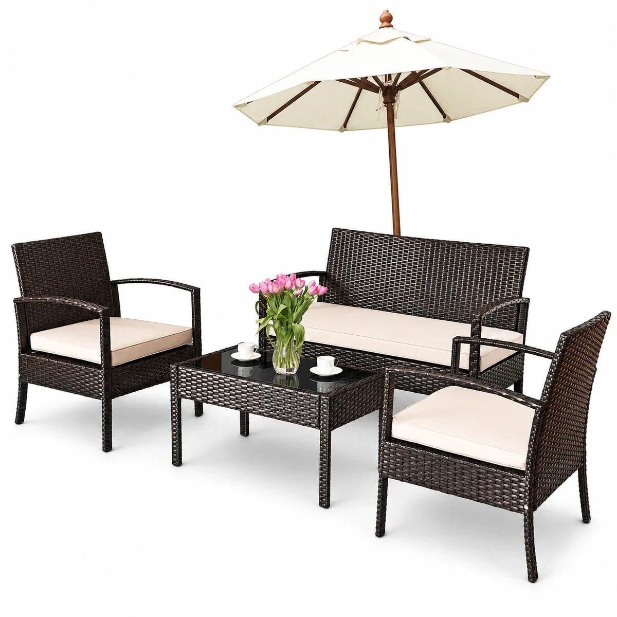 2026 NEW Costway 4PCS Patio Rattan Conversation Furniture Set Cushioned Seat Glass Table