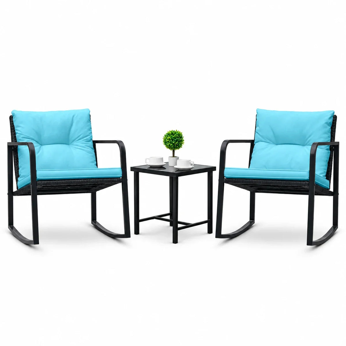 2026 NEW Homall 3 Pieces Outdoor Rocking Chair Furniture Sets Modern Patio Furniture Set Rocking Wicker Bistro Sets Cushioned PE Rattan Chairs Conversation Sets with Glass Coffee Table,Blue