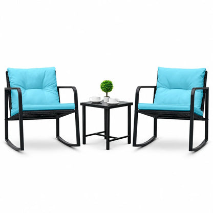 2026 NEW Homall 3 Pieces Outdoor Rocking Chair Furniture Sets Modern Patio Furniture Set Rocking Wicker Bistro Sets Cushioned PE Rattan Chairs Conversation Sets with Glass Coffee Table,Blue