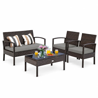 2026 NEW Costway 4pcs Patio Rattan Wicker Furniture Set Loveseat Sofa Cushioned Garden Yard