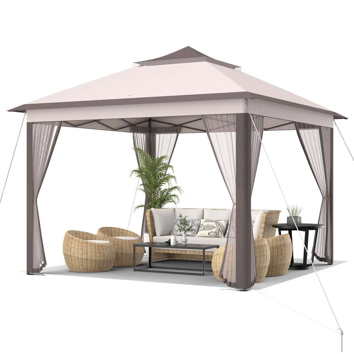 2026 NEW Gymax 11 x 11 ft Pop up Gazebo 2-Tier Patio Canopy Tent Shelter w/ Carrying Bag Beige