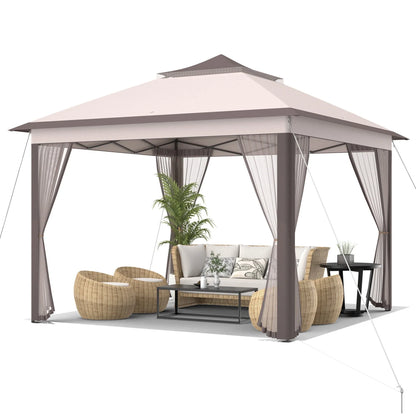 2026 NEW Gymax 11 x 11 ft Pop up Gazebo 2-Tier Patio Canopy Tent Shelter w/ Carrying Bag Beige