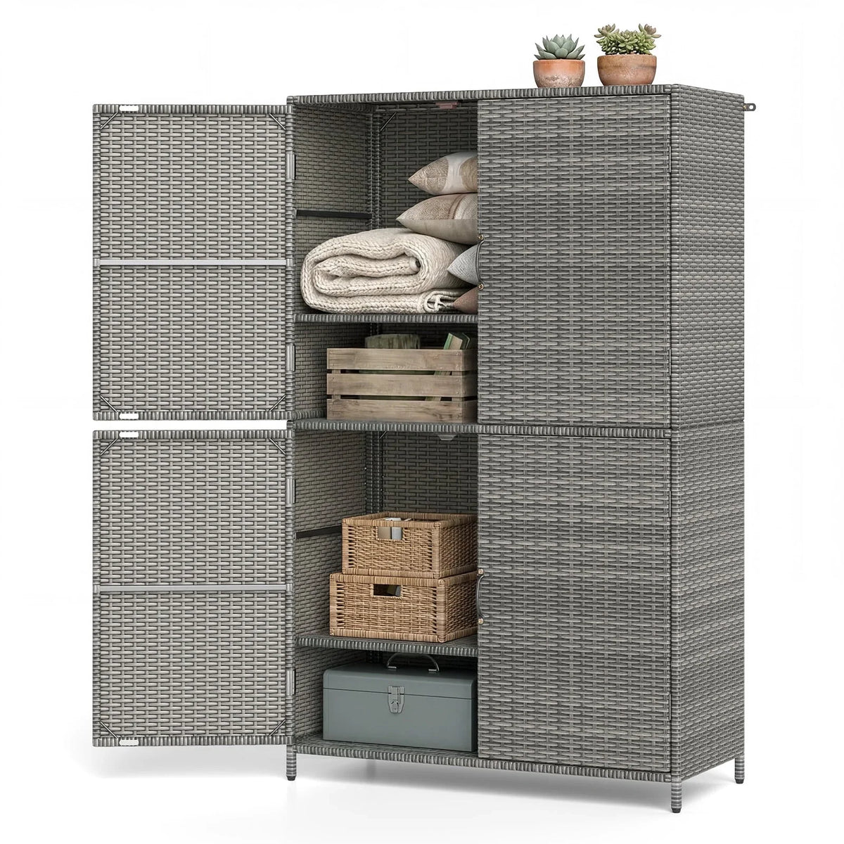 2026 NEW Costway Outdoor Storage Cabinet with Adjustable Shelves & Anti-Toppling Device for Garden Mix Gray